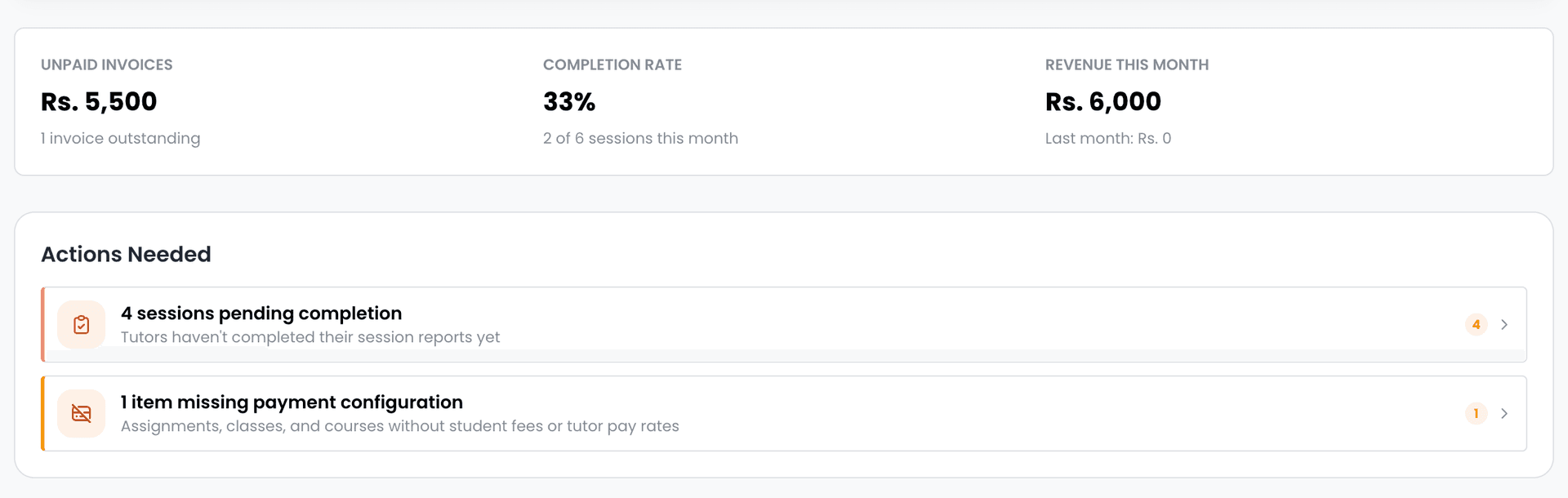 EdTech Global analytics dashboard showing unpaid invoices, completion rate, revenue, and actions needed