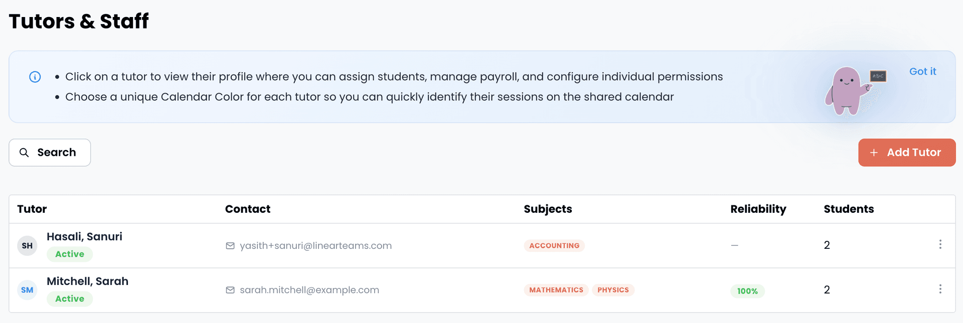 EdTech Global Tutors and Staff management page showing Hasali Sanuri and Mitchell Sarah with subjects and student counts
