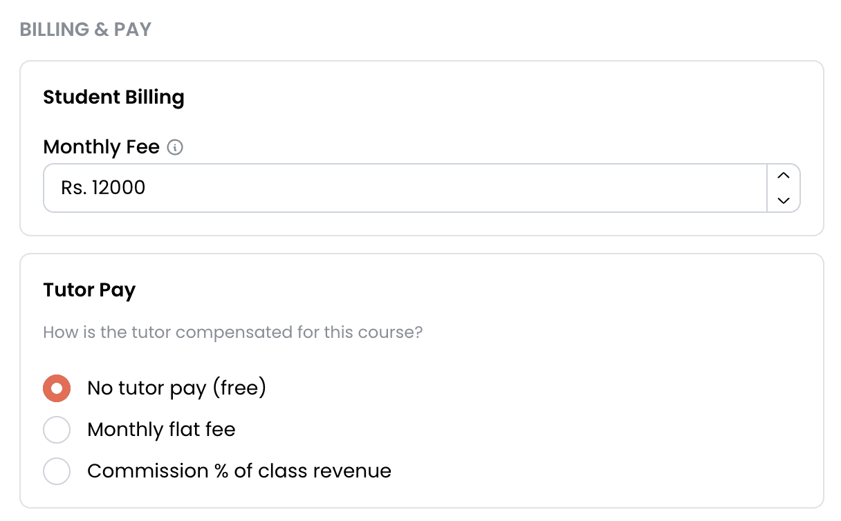 EdTech Global billing settings showing student fee and tutor pay options