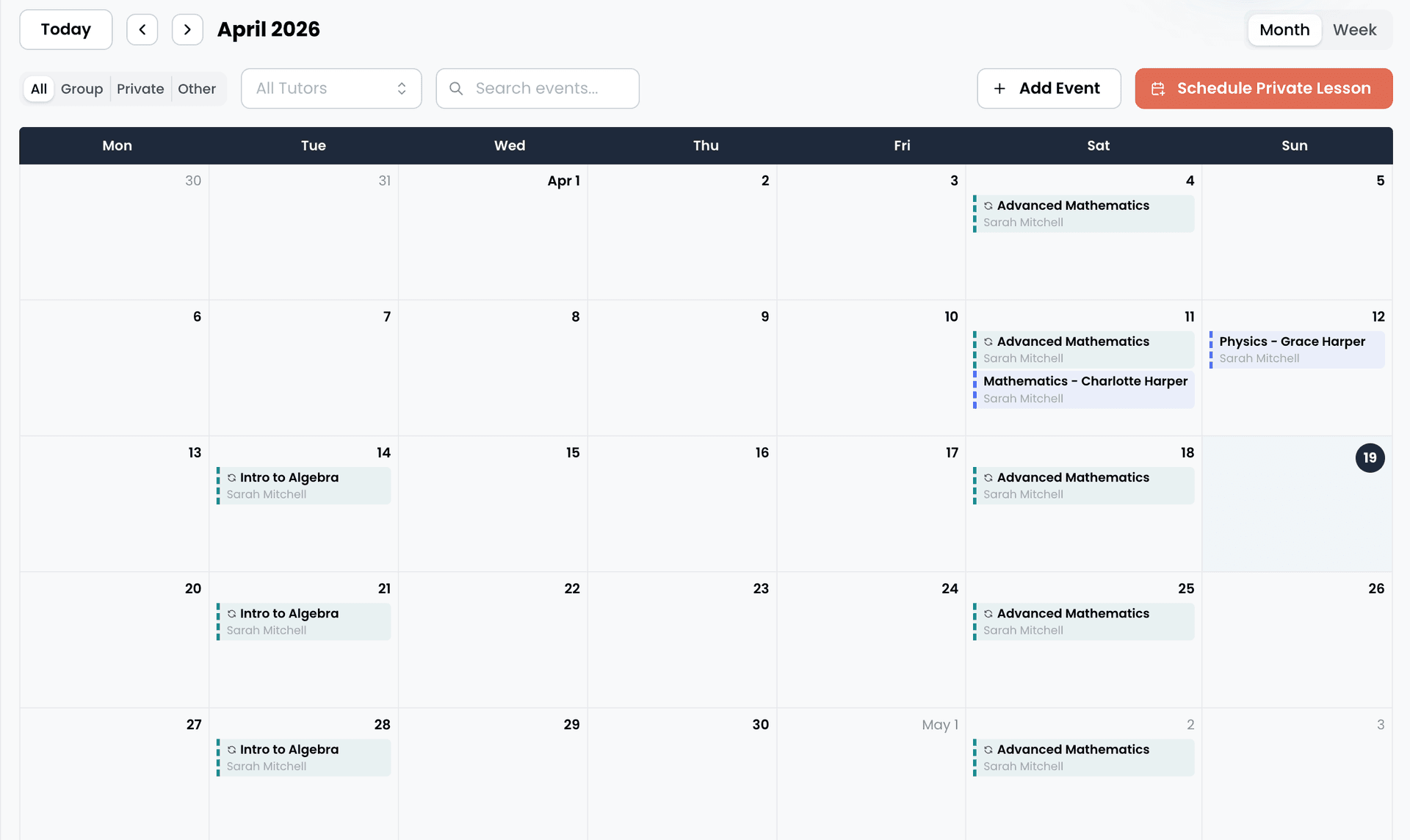 EdTech Global April 2026 calendar showing multi-tutor scheduling