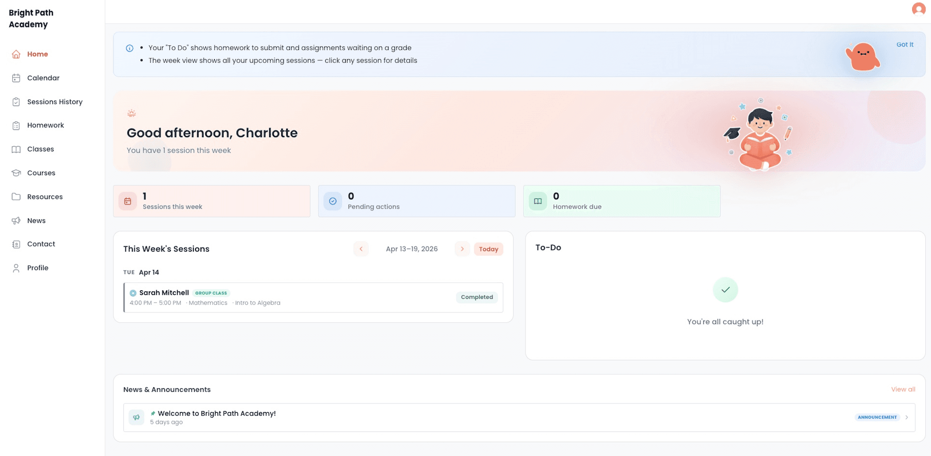 EdTech Global student portal showing Charlotte's dashboard with sessions, homework, and announcements for Bright Path Academy