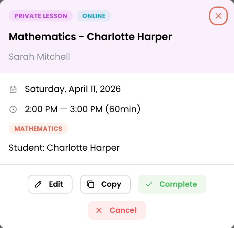 EdTech Global session detail showing Mathematics class for Charlotte Harper